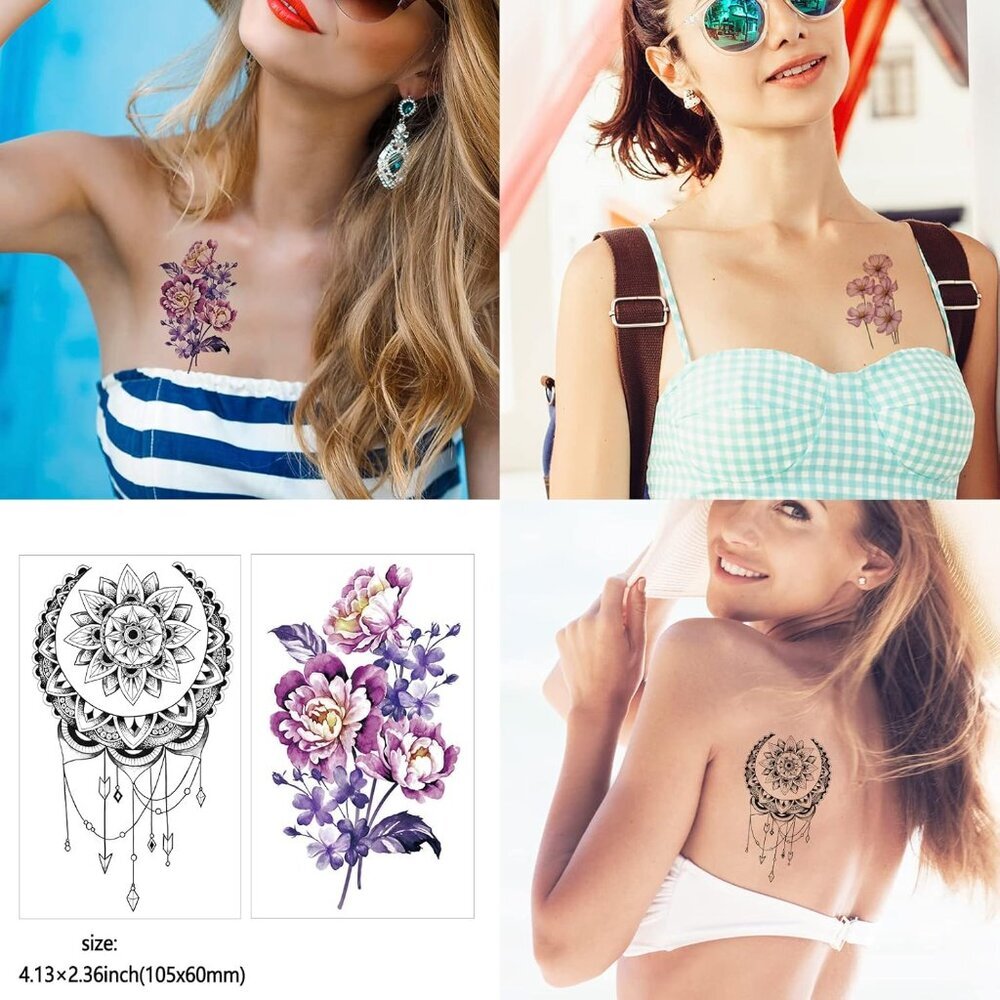 72 Sheets Temporary Tattoos for Women and Girls, Flower / Butterfly Temporary Ta - Picture 6 of 7